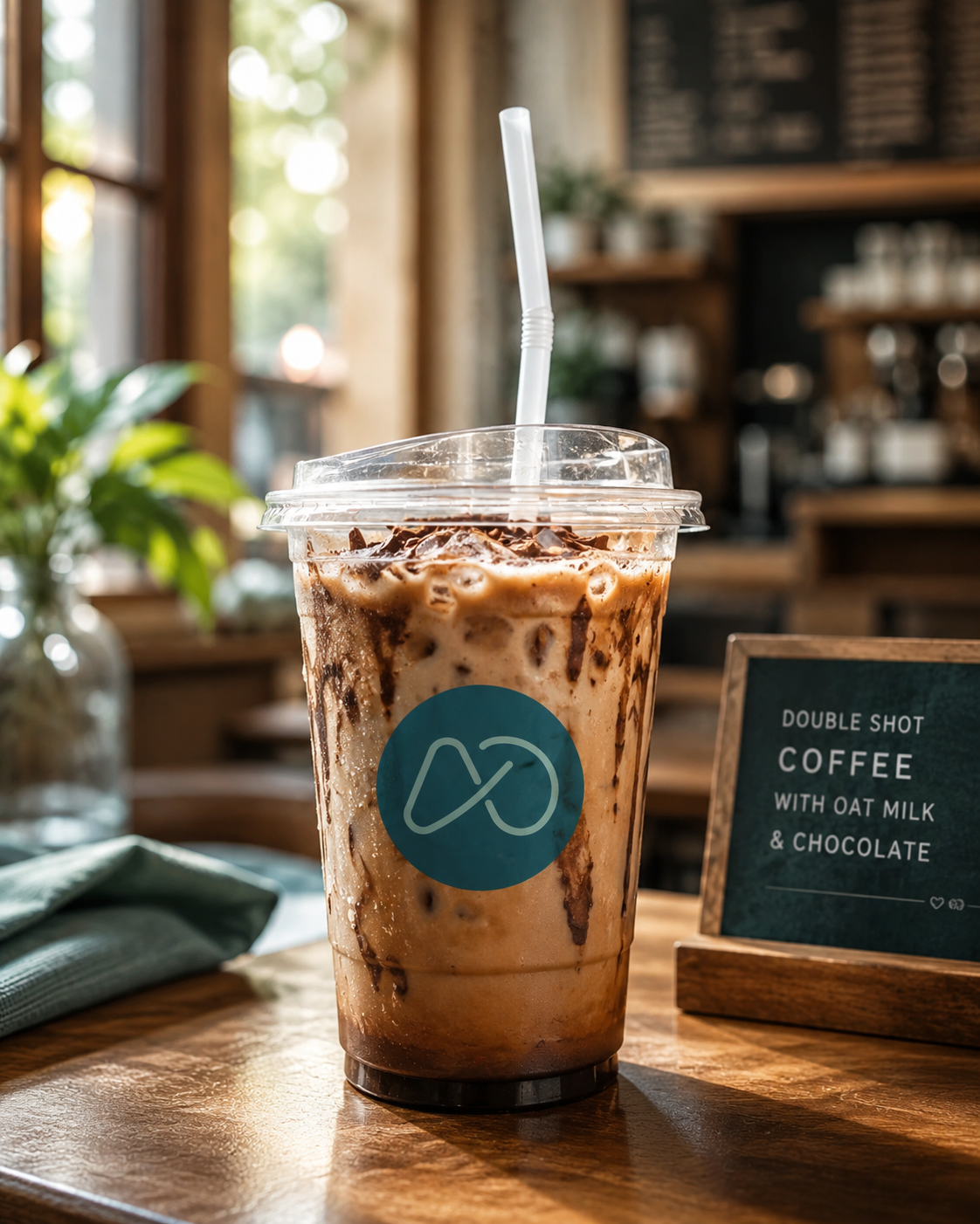 Double shot oat milk coffee with chocolate topping